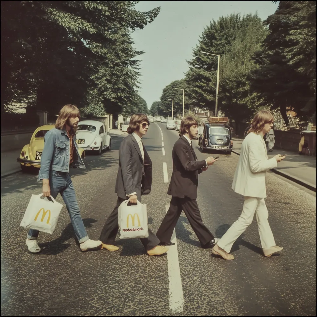 A parody of the Beatles' Abbey Road album cover features the band crossing a street, each carrying a McDonald's shopping bag.  The image is a color photograph, showcasing the band members in period-appropriate attire, walking in their iconic formation across a pedestrian crossing. Classic cars are visible in the background, adding to the retro ambiance.