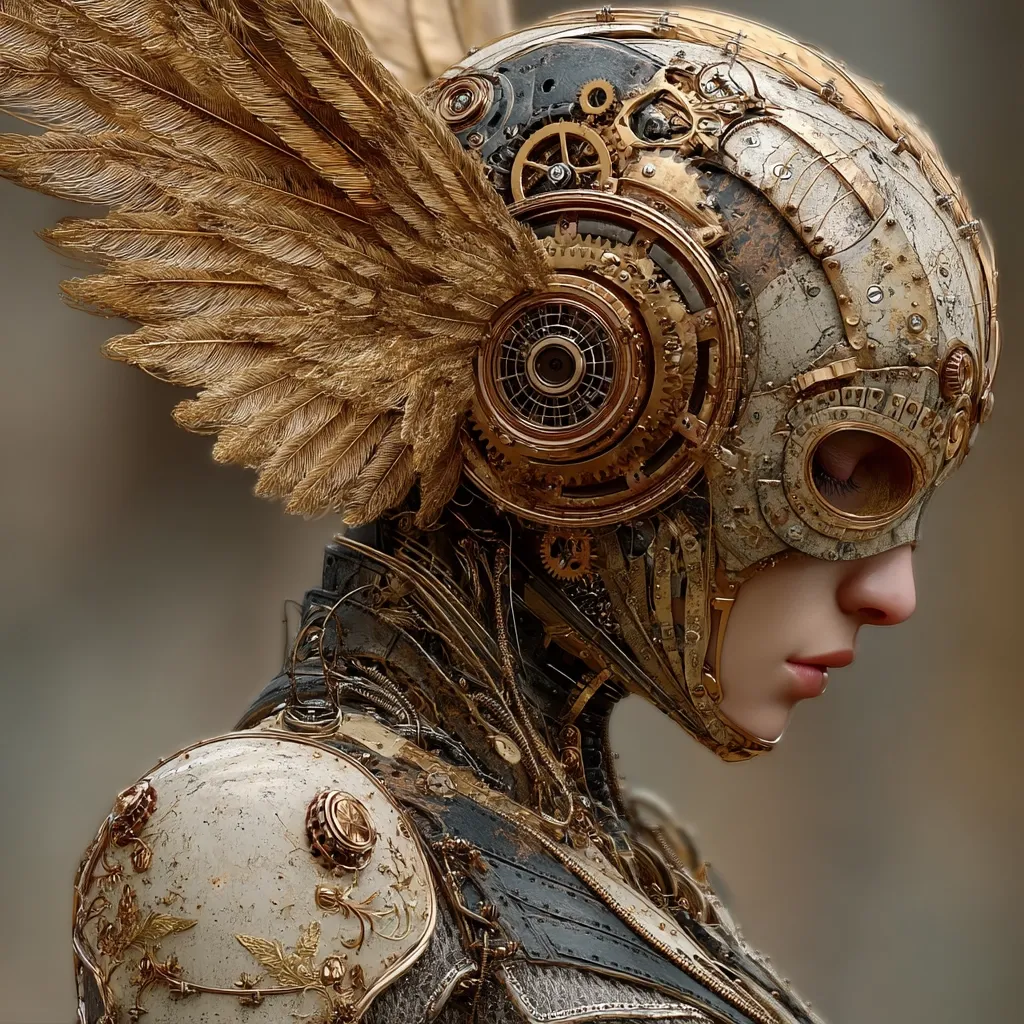 A digital artwork depicts a female figure adorned in intricate steampunk-style armor.  The helmet, a masterpiece of gears and clockwork, is complemented by large, golden feathered wings.  The armor's aged, metallic surfaces suggest a blend of ancient and futuristic technologies.  The woman's serene expression contrasts with the complexity of her mechanical attire, creating a captivating image of beauty and technological prowess.