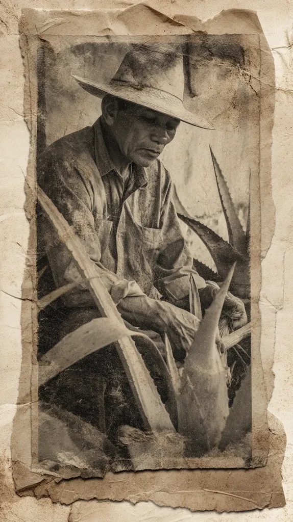 A sepia-toned, aged photograph depicts a man in a wide-brimmed hat, seated amidst agave plants.  He appears weathered and contemplative, his clothing suggesting a rural or agricultural setting. The image has a distressed, antique quality, with visible tears and discoloration along the edges, enhancing its vintage aesthetic.  The overall mood is one of quiet solitude and hard work.