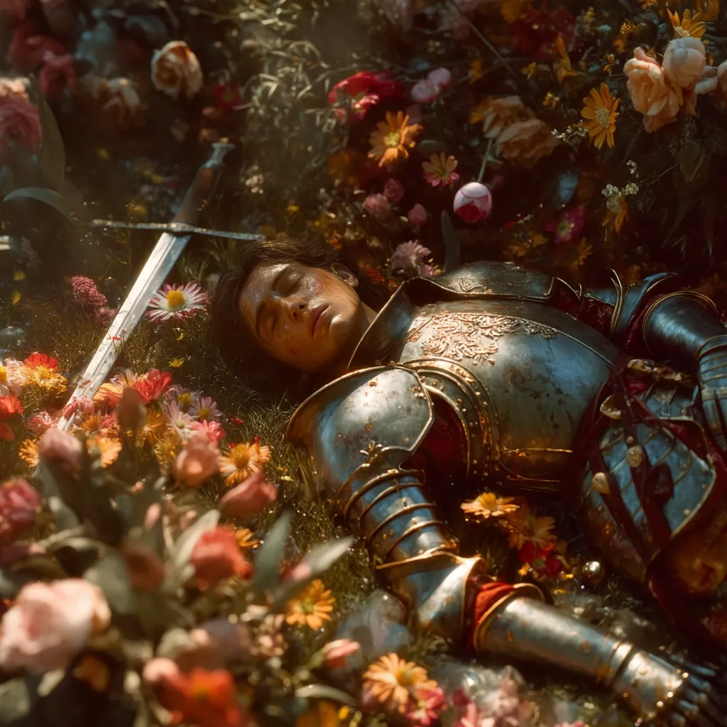 A young knight, clad in ornate, blood-stained armor, lies peacefully amidst a vibrant field of flowers.  His sword rests nearby, a subtle suggestion of a battle fought and lost.  The scene is bathed in warm, golden light, creating a poignant juxtaposition of life and death, beauty and violence.  The flowers seem to cradle the fallen knight, their delicate petals a stark contrast to the harsh reality of war.