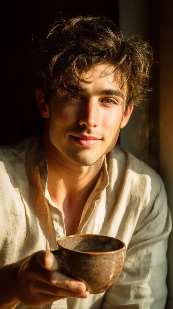 A young man with curly brown hair sits in soft sunlight, wearing a light beige linen shirt.  He holds a rustic, dark brown mug, possibly containing coffee or tea. His expression is calm and pleasant, creating a serene and warm atmosphere. The image has a soft, golden hue, enhancing the feeling of comfort and tranquility.