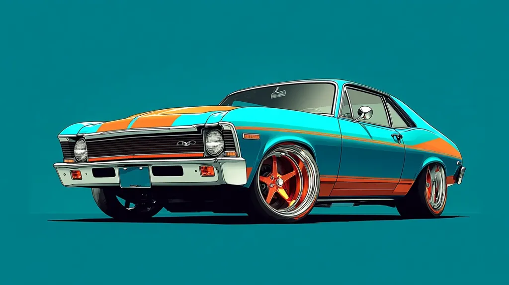 A vibrant illustration showcases a classic teal and orange muscle car, possibly a Chevrolet Nova.  The car is meticulously detailed, highlighting its sleek design and powerful stance.  Large, eye-catching orange rims contrast beautifully with the teal body, creating a striking visual effect against the teal background. The artwork has a retro, stylized aesthetic.