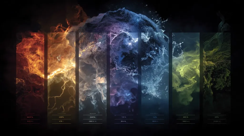 A stylized image depicts six vertical panels showcasing elemental forces.  From left to right: fiery orange and red flames, transitioning to golden embers, then smoky blues and purples, followed by swirling aqua water, vibrant green aquatic life, and finally a dark, earthy green.  Each panel includes percentage and volume data at the bottom, suggesting a measured representation of these natural phenomena.  The overall effect is dramatic and visually striking.