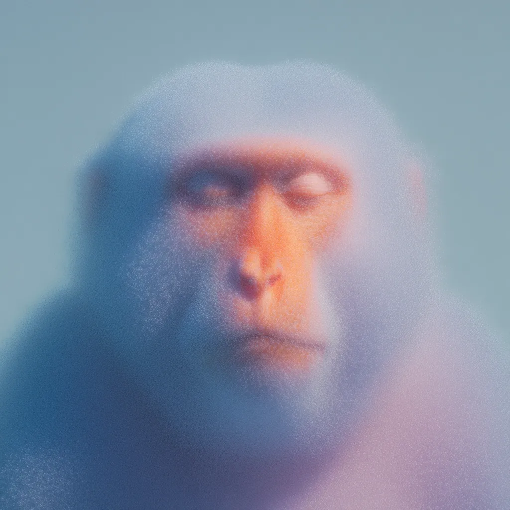 A close-up, stylized image of a monkey's face.  The image is softly focused and features a pastel color palette, predominantly blues and purples. The monkey's eyes are closed, and its expression is serene. The fur is rendered with a textured, almost granular effect. The overall mood is calm and contemplative.