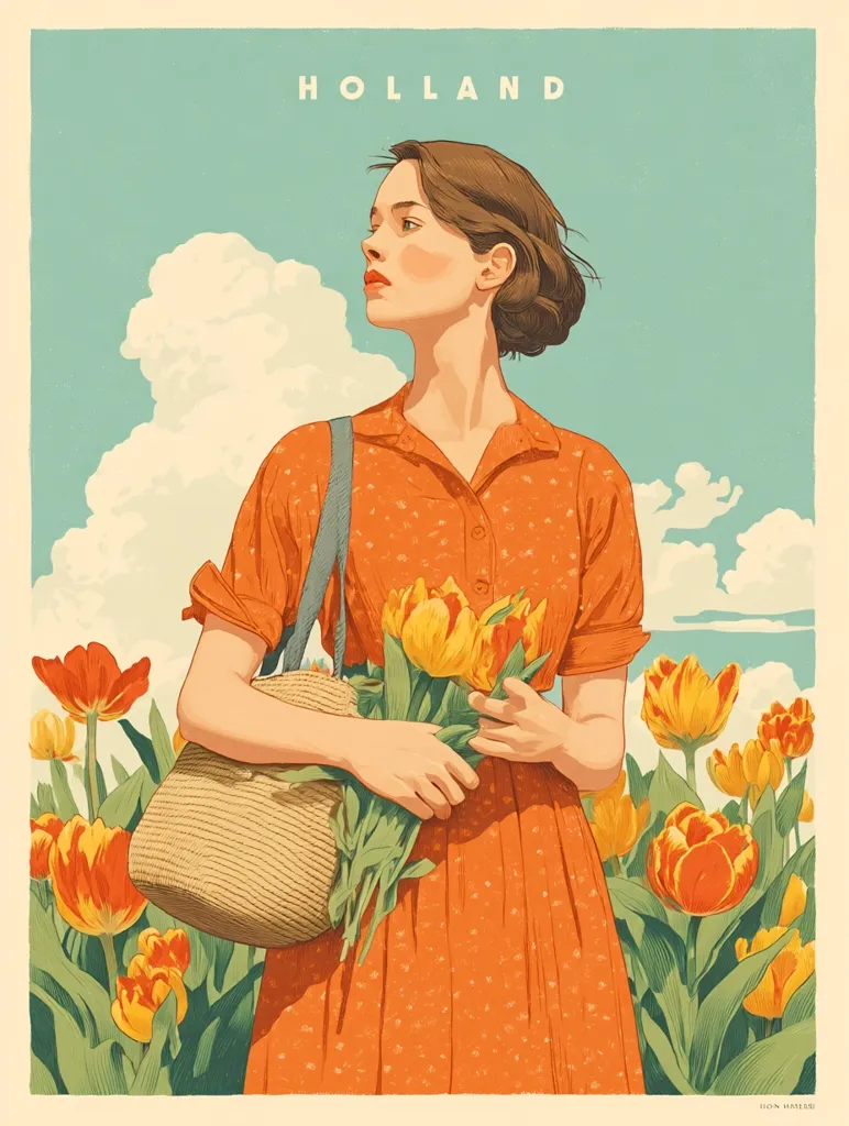 A woman in an orange dress stands amidst a field of vibrant tulips in Holland.  She carries a straw bag and a bouquet of yellow and orange tulips. The style is reminiscent of vintage travel posters, with a nostalgic and idyllic feel.  The sky is a soft blue with fluffy white clouds. The overall image evokes a sense of peace and beauty.