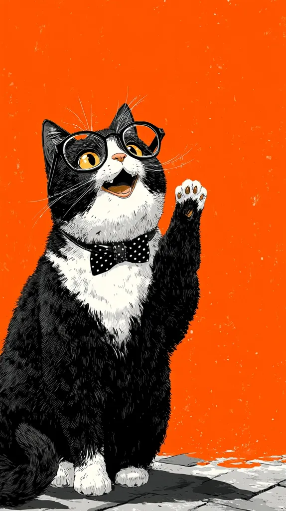 A tuxedo cat, wearing round glasses and a polka-dot bow tie, sits against a vibrant orange background.  Its paw is raised in a friendly wave.  The cat's expression is cheerful and welcoming,  rendered in a detailed, almost graphic-novel style. The textured orange background adds a vintage or slightly distressed feel to the image.