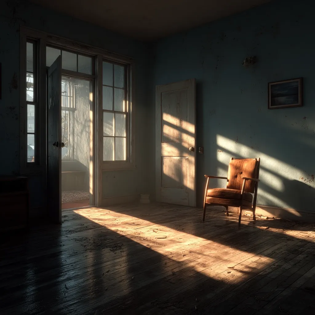 Sunlight streams through a doorway and window into a dilapidated room with peeling blue paint.  A worn wooden chair sits in the golden light on the scratched hardwood floor. The room is sparsely furnished, conveying a sense of emptiness and abandonment.  A glimpse of a porch and exterior is visible through the open door.  The overall atmosphere is one of quiet melancholy.