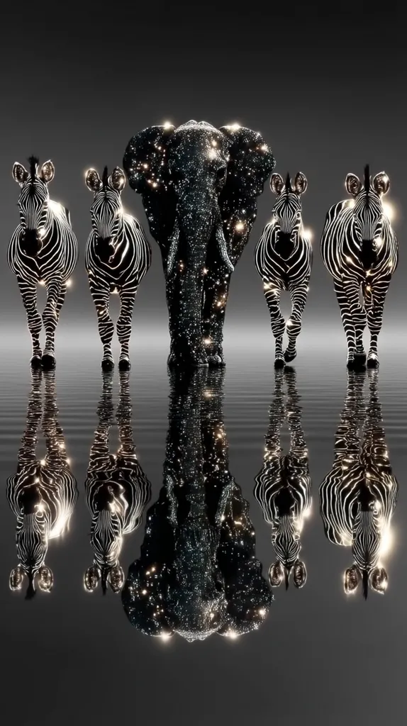A stylized image depicts a cosmic elephant flanked by four zebras.  All animals are rendered in black and white with glittering, star-like highlights.  They stand in a still, dark reflective pool, creating mirrored images below. The overall effect is one of elegant, otherworldly beauty and symmetry.