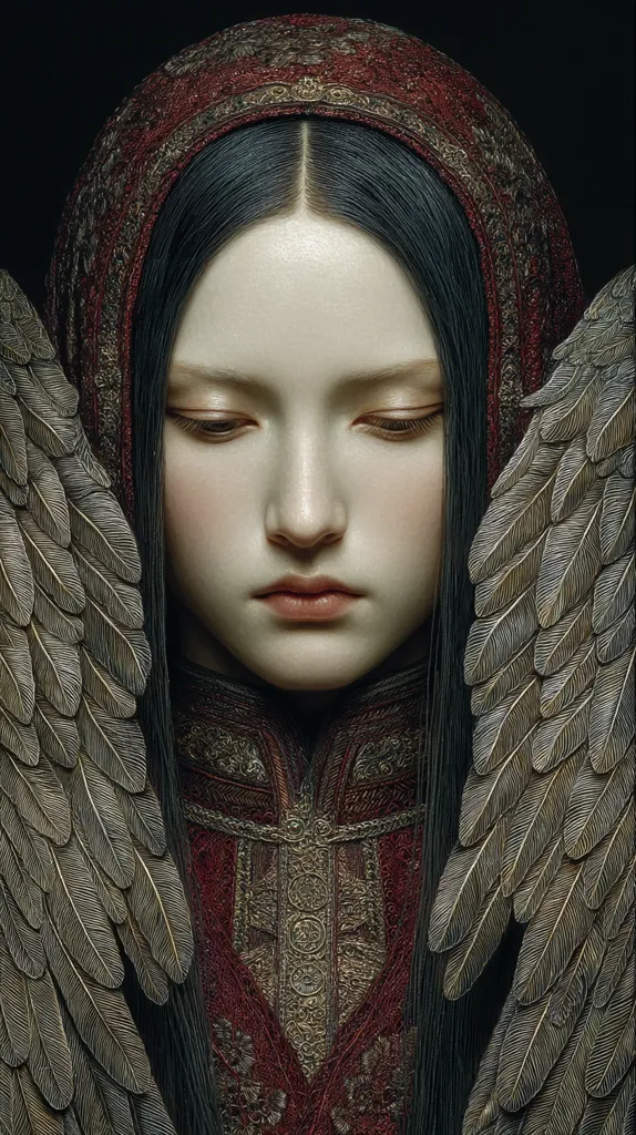 A digital painting depicts a serene woman with long dark hair, wearing an ornate burgundy hood and a richly embroidered garment.  Large, detailed wings frame her, creating a powerful and ethereal image. Her expression is solemn, and her pale skin contrasts with the deep colors of her attire. The overall style is dark fantasy, combining realism with intricate details.