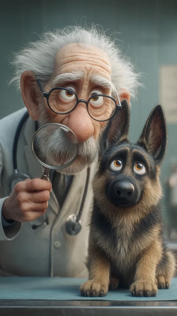A whimsical illustration depicts an elderly cartoon veterinarian with a magnifying glass examining a German Shepherd puppy.  The vet, with thick glasses and a bushy white mustache, looks intently at the dog. The puppy sits patiently on an examination table, its large, expressive eyes mirroring the vet's concentration. The scene is rendered in a hyperrealistic style, emphasizing texture and detail.