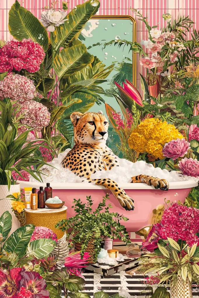 A cheetah luxuriates in a bubble bath in a pink bathtub surrounded by lush tropical plants and vibrant flowers.  The bathroom features a pink tiled wall and a gold-framed mirror reflecting a serene tropical scene.  Various bath products and plants are artfully arranged around the tub, creating a vibrant and whimsical atmosphere. The overall style is a surreal and luxurious depiction of nature and wildlife.