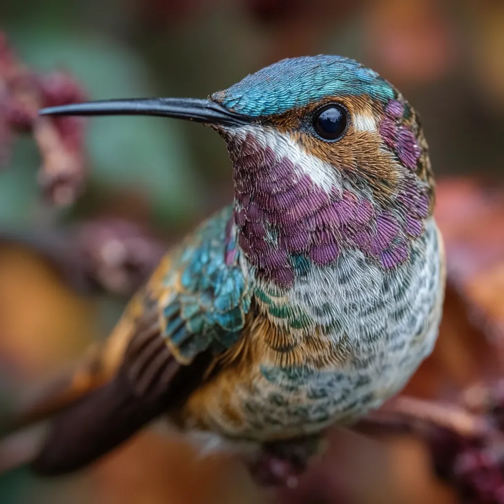 A close-up reveals a hummingbird, its iridescent feathers shimmering in teal, purple, and brown.  The bird's dark eyes are prominent, and its long, slender beak is sharply defined.  The hummingbird is perched on a branch, its body angled slightly upward, against a softly blurred background of autumnal colors. The detail showcases the intricate textures and vibrant hues of its plumage.