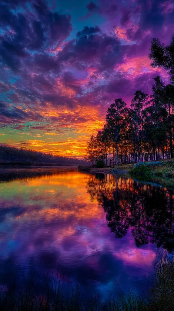 A breathtaking sunset casts vibrant hues of orange, purple, and pink across a tranquil lake.  Silhouetted trees line the shore, their reflections mirroring the colorful sky in the still water. The clouds are dramatic and full of texture, adding depth to the scene's ethereal beauty.  The overall atmosphere is serene and magical.