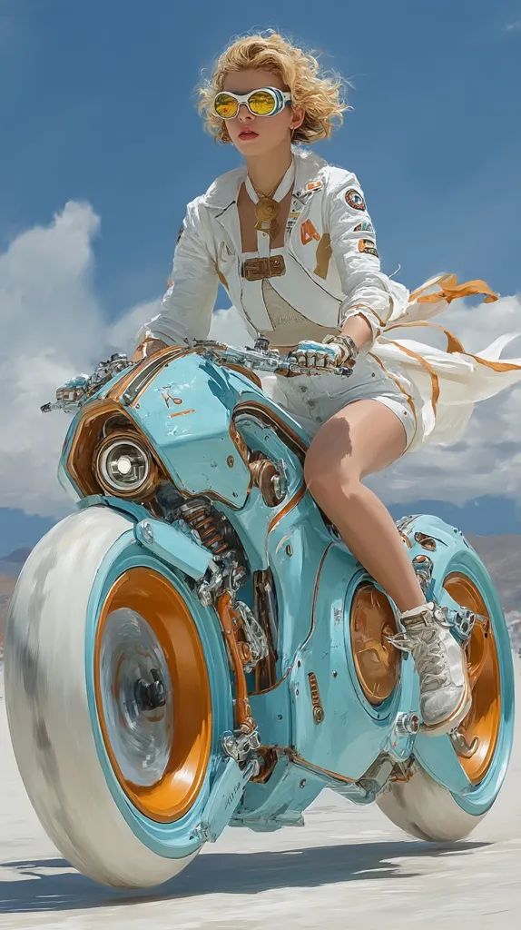 A blonde woman in a white jacket and goggles rides a futuristic, light blue motorcycle with orange accents across a bright, sunny desert landscape.  The bike's design is sleek and appears technologically advanced, with large, wide tires. The overall aesthetic blends retro and futuristic elements.  The scene suggests a journey or escape.