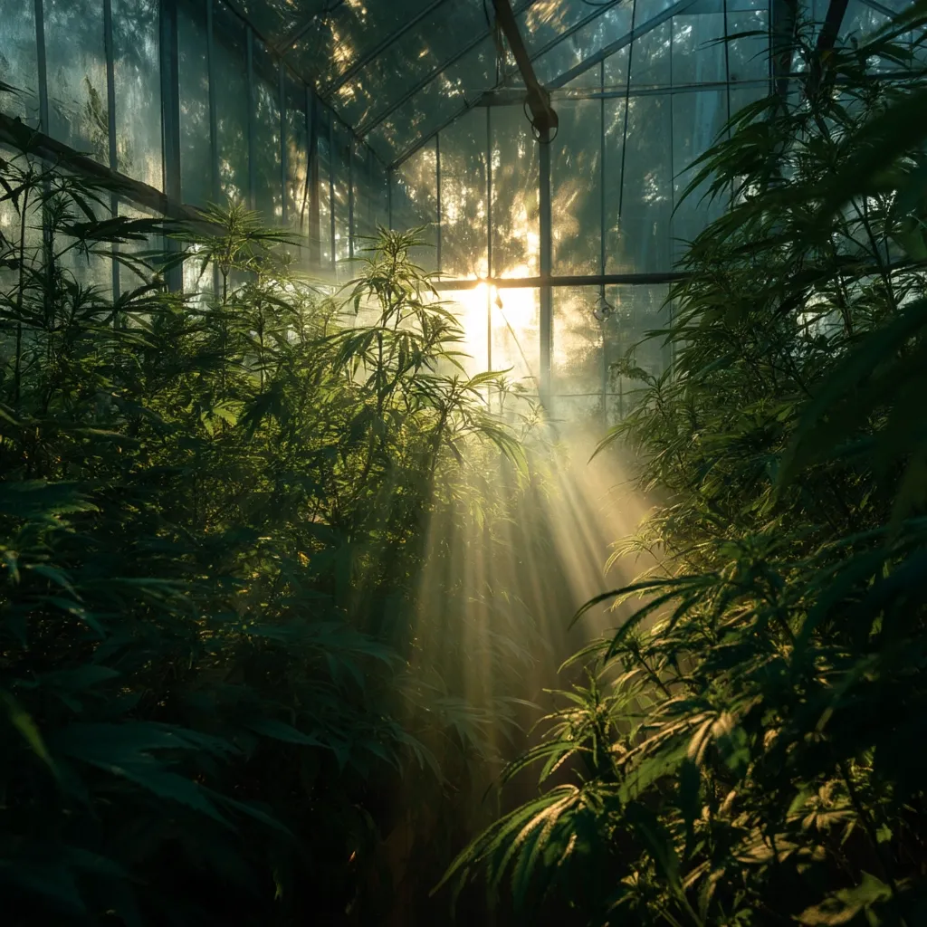 Sunbeams stream through a greenhouse, illuminating lush cannabis plants.  The greenhouse's glass structure is visible, with the morning sun creating a hazy, ethereal atmosphere within the dense foliage.  The plants are healthy and vibrant, bathed in the golden light.  The scene is peaceful and evokes a sense of natural growth and cultivation.