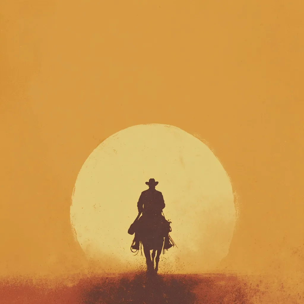 A lone cowboy, silhouetted against a large, setting sun, rides away on horseback.  The warm, ochre tones of the desert landscape and sky create a classic Western scene.  The image evokes a feeling of solitude and the vastness of the American West.  His figure is small against the immense backdrop, highlighting the scale of the environment.