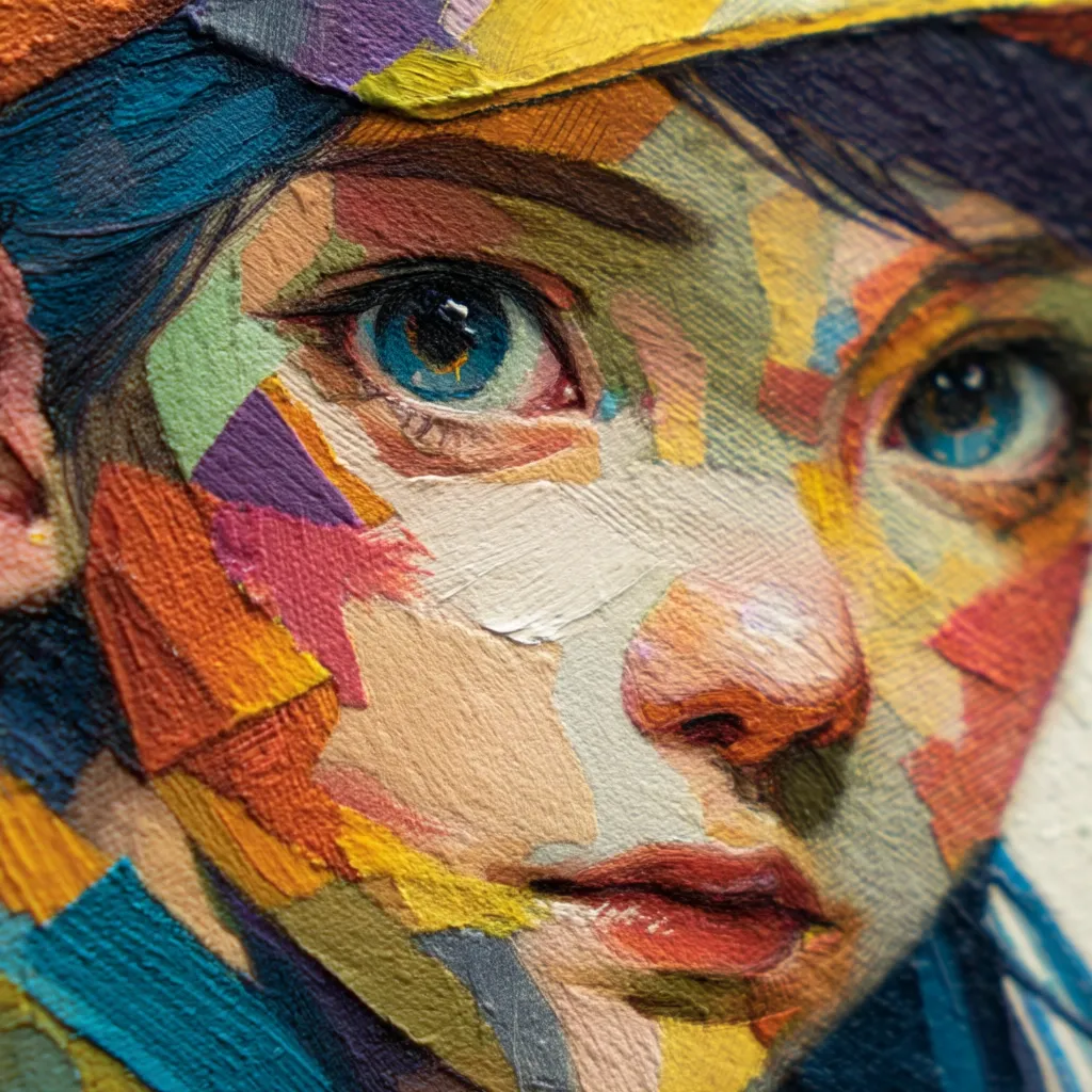 A close-up of a vibrant, impasto portrait reveals a young woman's face.  Her expressive blue eyes and soft lips are rendered in bold, colorful strokes of paint, creating a textured and fragmented effect. The artist uses a palette of oranges, yellows, blues, and purples,  emphasizing the emotional depth within the subject's gaze.  The visible brushstrokes contribute to a sense of energy and movement in the artwork.