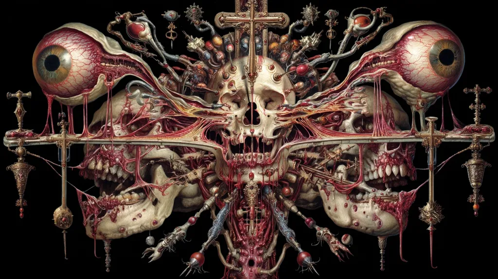 A grotesque, surreal artwork depicts a central skull intricately connected to two flanking skulls, each adorned with exposed, dripping viscera and large, bulging eyes.  Ornate crosses and metallic, biomechanical elements intertwine throughout the composition, creating a disturbing yet visually captivating image of macabre detail and unsettling beauty.  The dark background emphasizes the vivid colors and textures of the morbid design.