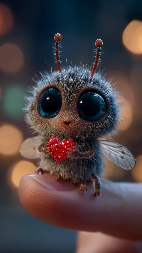 A fluffy, cartoonish bee with large, expressive blue eyes sits on a finger.  It's holding a small, glittering red heart.  The background is softly blurred with warm-toned bokeh lights, creating a whimsical and endearing image. The bee appears incredibly cute and gentle.