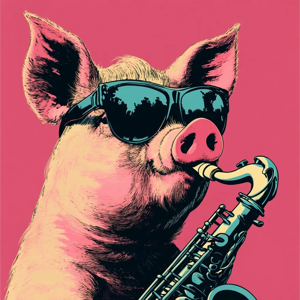 A stylized illustration of a pig wearing sunglasses and playing a saxophone.  The pig's face is detailed with textured fur, and the saxophone is rendered with metallic highlights. The color palette is bold and vibrant, with a pink background contrasting with the pig's peach skin and the dark teal sunglasses. The image has a pop-art feel, emphasizing bold lines and graphic elements.