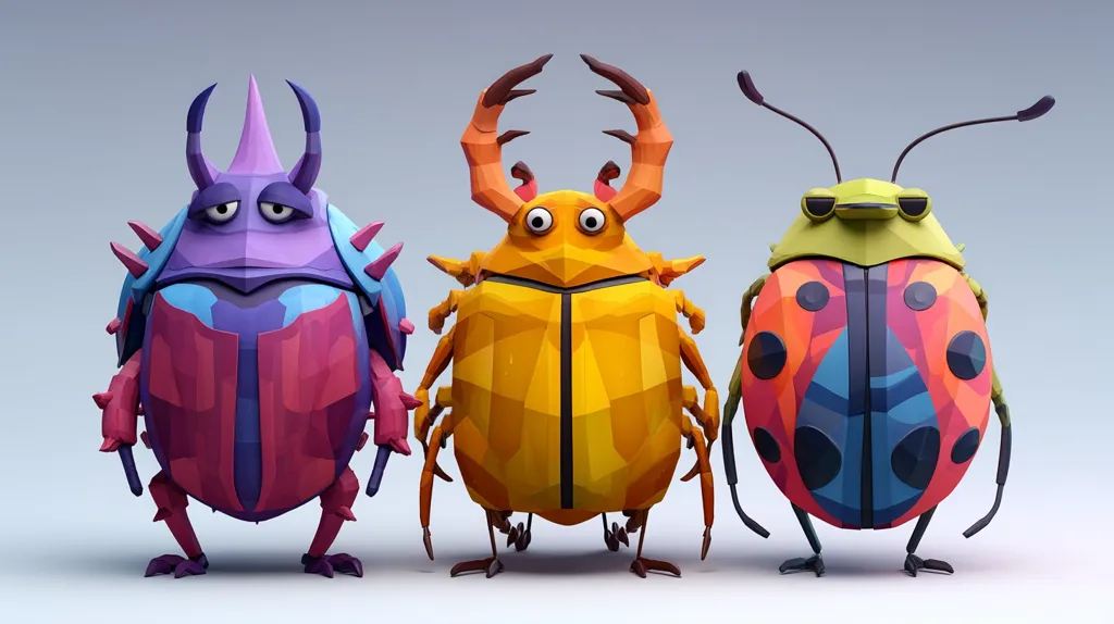 Three stylized, low-poly insects stand in a row.  The leftmost is a purple and pink beetle with horns, the center is a bright yellow beetle with large antlers, and the rightmost is a ladybug with vibrant red, orange, and blue markings.  Each insect has a distinct personality conveyed through their design and posture.  The overall style is playful and colorful.