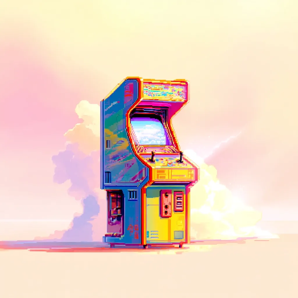 A vibrant pixel art depiction of a retro arcade game cabinet stands alone in a dreamy, pastel landscape. The cabinet is predominantly blue and yellow, with a screen displaying a stylized sky.  Soft clouds surround the base, enhancing the nostalgic and whimsical atmosphere. The pixelated style adds a distinct digital aesthetic to the scene.