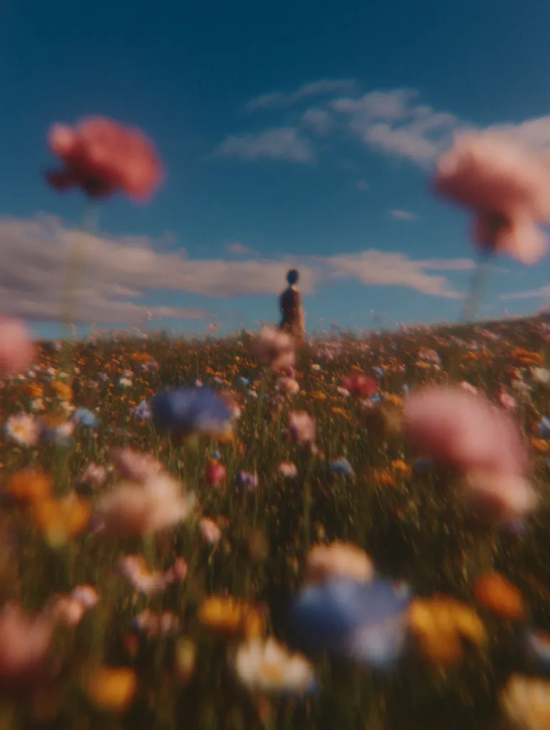 A blurred, dreamy image depicts a person standing in a vibrant field of wildflowers under a bright blue sky.  The flowers are a multitude of colors, appearing soft and out of focus, creating a whimsical, ethereal atmosphere. The person is small in the frame, emphasizing the vastness of the colorful landscape. The overall mood is peaceful and serene.