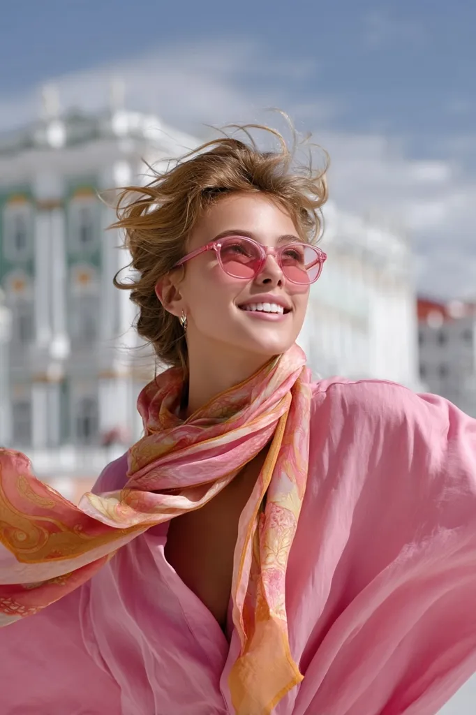 A young woman with windblown light brown hair wears pink sunglasses and a pink silk scarf.  She's dressed in a flowing pink shirt and smiles brightly, looking up towards a sunlit sky.  A large, light-colored building is visible in the blurred background.  The overall image is bright, cheerful, and evokes a feeling of summer.