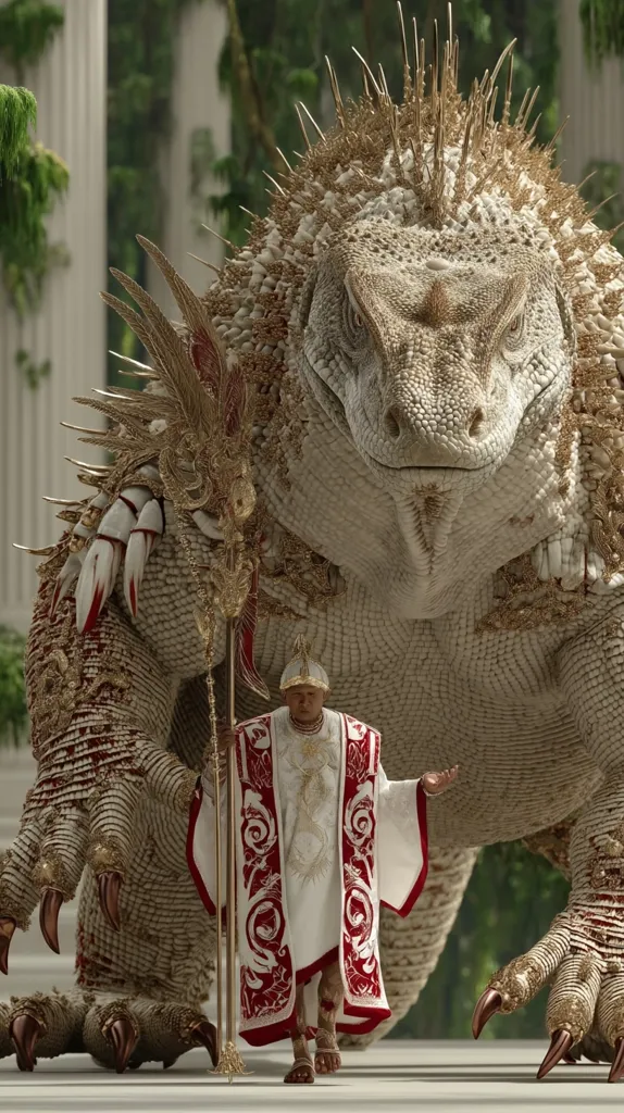 A majestic, ornate lizard, adorned with gold accents, stands majestically.  A figure in white and red priestly robes, holding a golden staff, walks before it. The scene suggests a powerful symbiosis or a religious ceremony, with the background hinting at a classical or ancient setting. The detail in the creature's scales and the robe's embroidery is strikingly realistic.