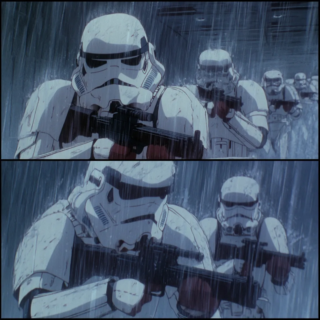 A split image depicts stormtroopers marching through heavy rain.  The top panel shows a line of stormtroopers advancing, their white armor visibly wet.  The bottom panel presents a closer view of two stormtroopers, their faces obscured by helmets,  carrying blasters. The animation style is reminiscent of anime.  The scene is dark and moody, emphasizing the relentless downpour.