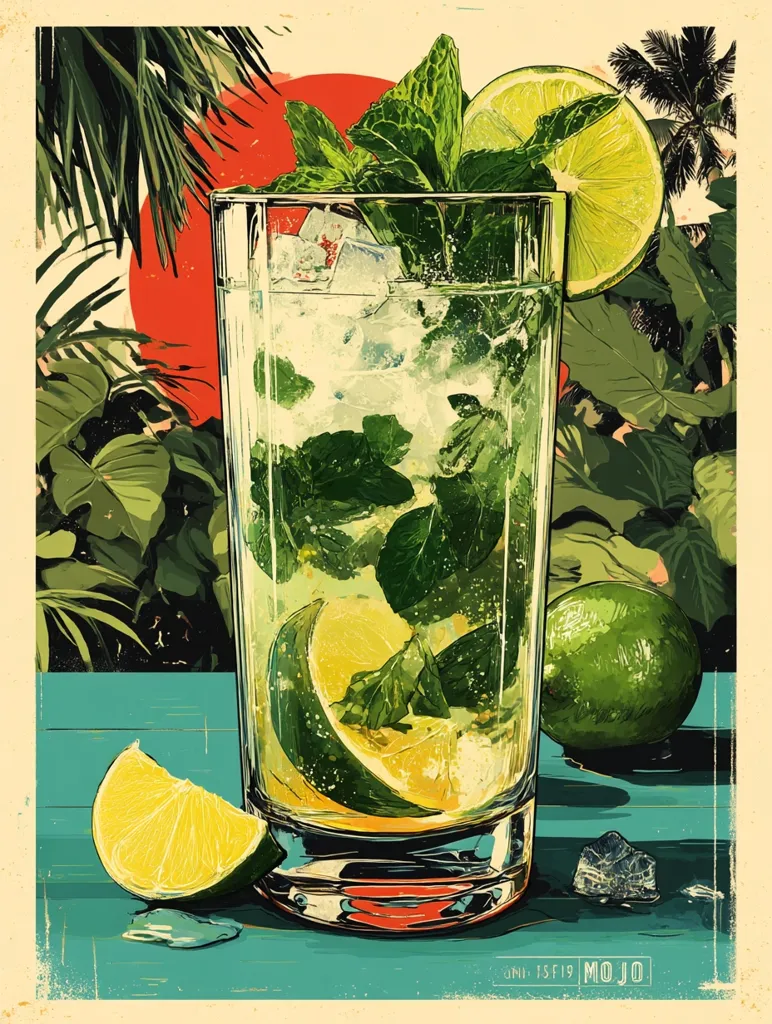 A tall glass of mojito is the centerpiece of this vibrant illustration.  Ice cubes, fresh mint leaves, and lime wedges are visible within the refreshing drink. The background showcases a tropical setting with lush foliage and a setting sun, creating a visually appealing and summery atmosphere.  A lime slice rests on the table beside the glass, adding to the overall feeling of a tropical cocktail.