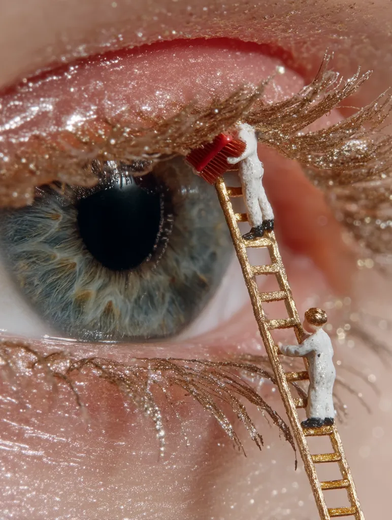 A close-up shot reveals a meticulously detailed eye with shimmering, gold-dusted eyelashes.  Tiny figurines, resembling workers, ascend a miniature gold ladder, appearing to meticulously groom or paint the lashes with a small red brush. The image creates a surreal and whimsical juxtaposition of scale and detail.