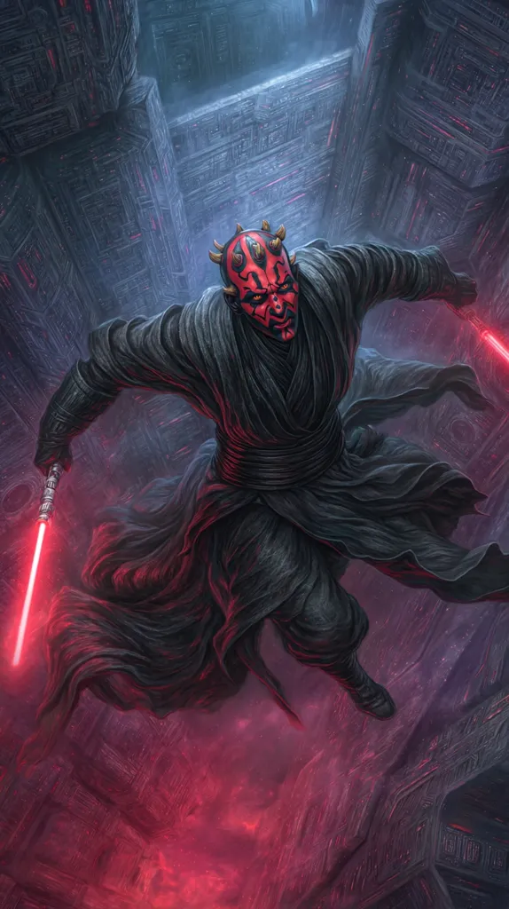 Darth Maul, the Sith Lord, is depicted wielding two crimson lightsabers amidst a dark, imposing cityscape.  His menacing red face paint and horned headdress are prominent.  He's captured mid-air, his flowing black robes billowing around him, creating a dynamic and powerful image. The overall atmosphere is one of intense darkness and foreboding.