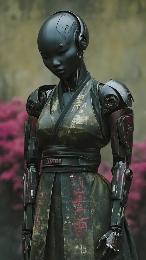 A female android, with dark skin and a bald head, is depicted in a weathered, dark-green kimono-like garment adorned with faded red kanji characters.  Her robotic arms and head are intricately detailed, showcasing a blend of mechanical and organic aesthetics. The background is blurred, suggesting an outdoor setting with muted colors and a hint of purple haze.  The android's expression is somber, conveying a sense of contemplation or weariness.