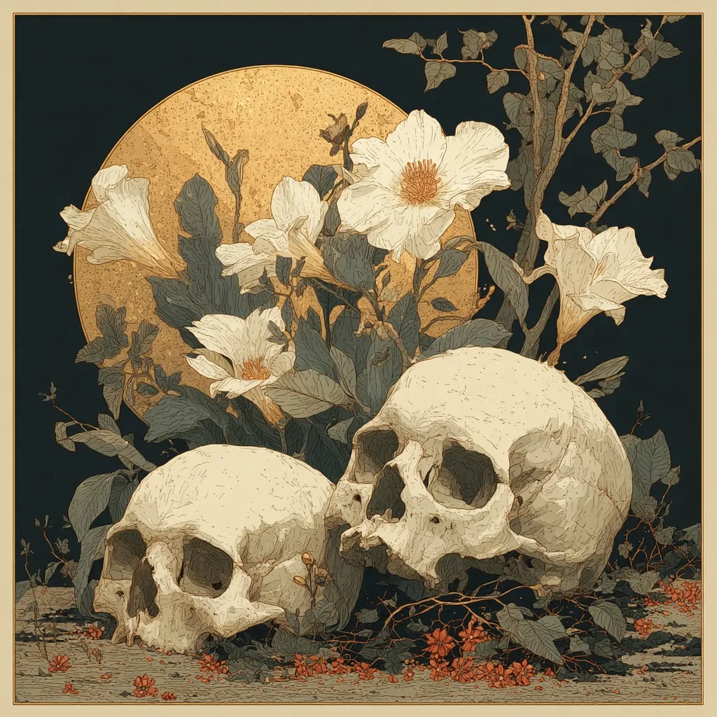 A still life artwork features two human skulls nestled amongst a vibrant arrangement of white flowers and dark green foliage.  The backdrop is a large, golden, moon-like circle against a deep, dark background.  Small red flowers scatter at the base, creating a dramatic contrast between life and death. The style is meticulously detailed, reminiscent of botanical illustration and memento mori art.