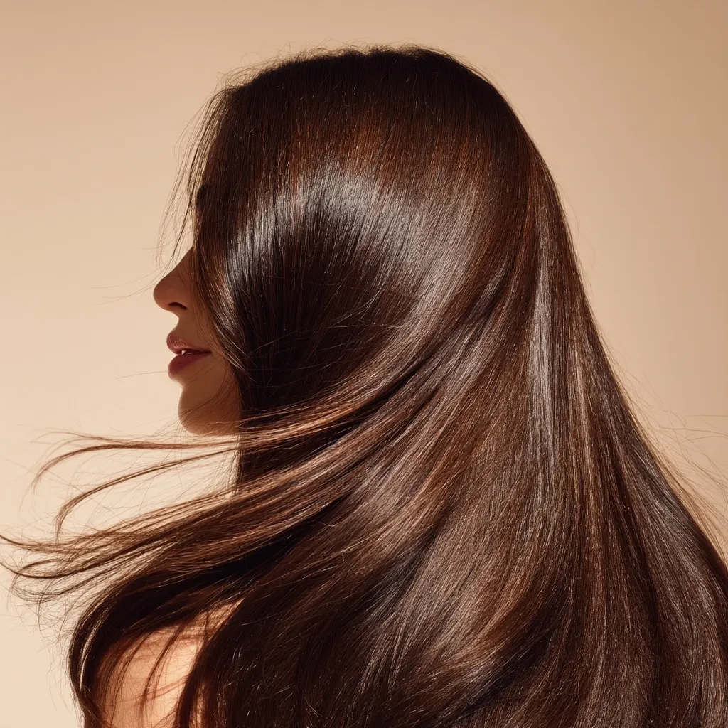 The profile of a woman with long, flowing, dark brown hair is shown against a beige background.  Her hair is incredibly smooth and shiny, cascading down her back.  Part of her face is visible, showcasing her subtle makeup and smooth skin. The image emphasizes the health and beauty of her lustrous hair.
