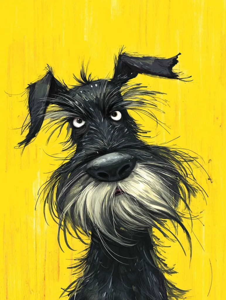 A whimsical illustration of a scruffy black dog, possibly a schnauzer, against a vibrant yellow background.  The dog's expression is slightly quizzical, its fur wildly textured and its ears slightly askew. The painting style is expressive and slightly cartoonish, with visible brushstrokes adding to its charm. The overall mood is playful and slightly mischievous.