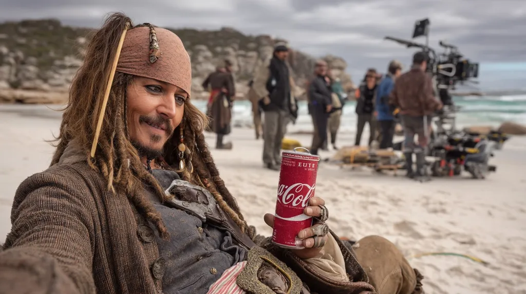 Johnny Depp, in character as Captain Jack Sparrow, relaxes on a beach during a film shoot. He holds a Coca-Cola can, smiling slightly.  Behind him, a film crew is visible, with cameras and equipment, indicating a break in filming. The setting is a sandy beach with rocky outcrops in the background under a cloudy sky.