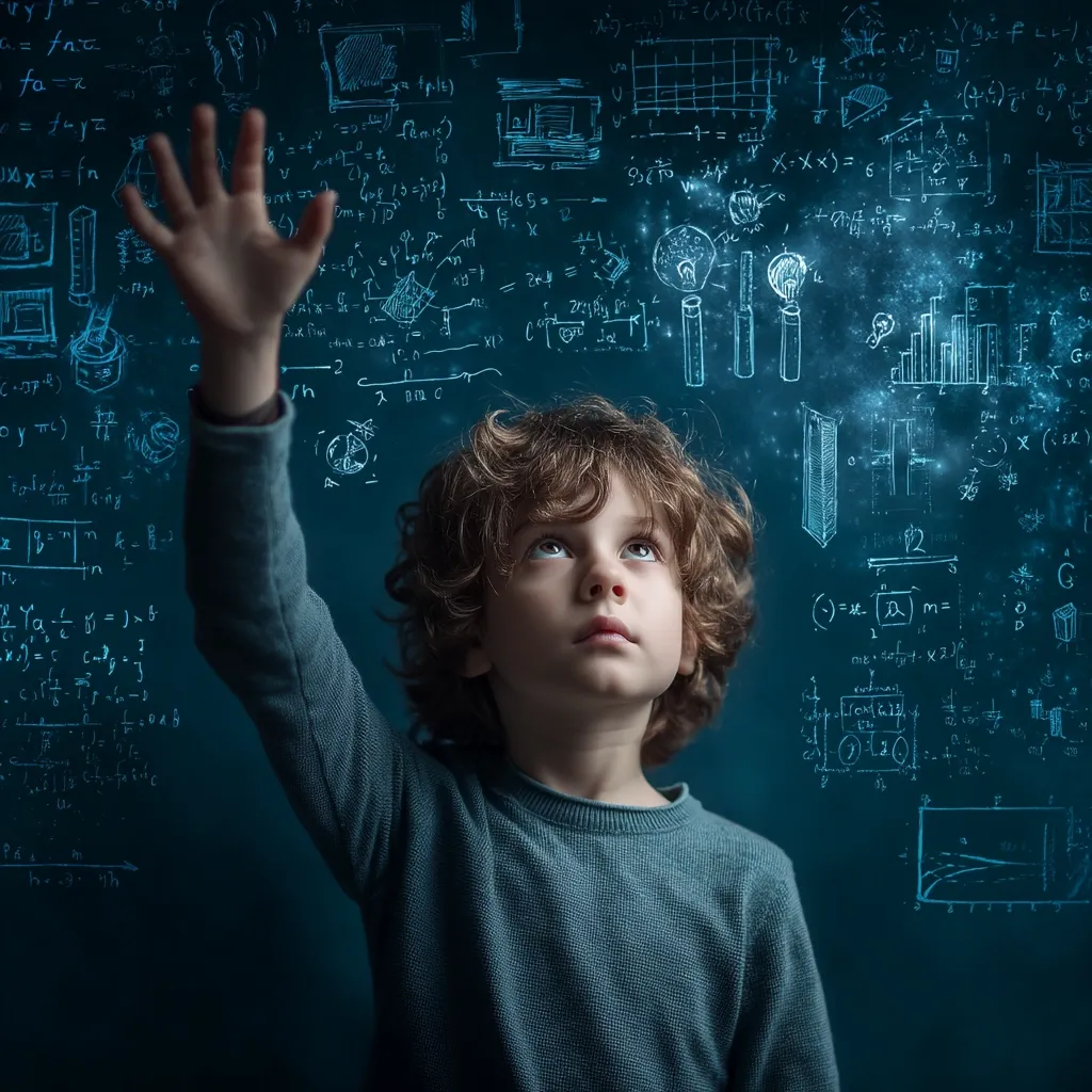 A young boy with curly brown hair stands before a chalkboard filled with complex mathematical equations and diagrams.  His hand reaches out, seemingly interacting with the glowing, ethereal formulas.  The image suggests curiosity, intelligence, and the boundless potential of a young mind exploring the vast world of mathematics and science.  The overall mood is one of wonder and discovery.