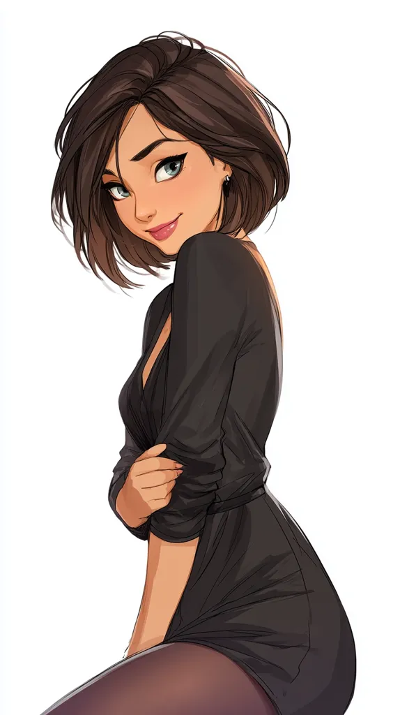 The illustration showcases a young woman with shoulder-length brown hair, styled in a bob.  She's depicted in a dark, form-fitting dress, her pose suggesting a coy and confident demeanor.  Her large, expressive eyes and subtle smile contribute to her alluring and stylish appearance. The art style is clean and polished, emphasizing smooth lines and realistic shading.