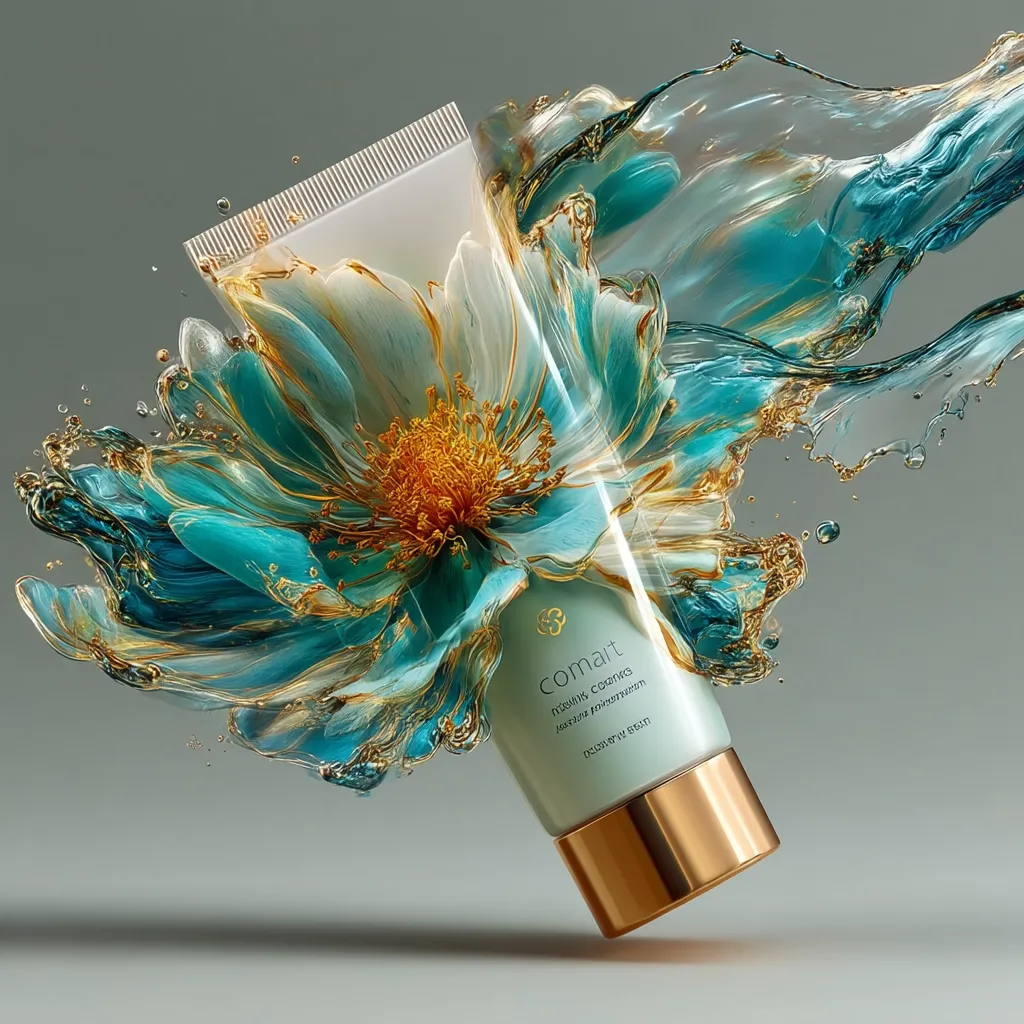 A tube of Comart Rosing Cream is showcased in a vibrant product shot.  The tube is partially submerged within a dynamic splash of teal liquid, shaped like a stylized flower. The design evokes a sense of luxury and natural ingredients. The gold accents on the tube complement the rich color palette of the liquid and flower. The image is aesthetically pleasing and emphasizes the product's elegance.