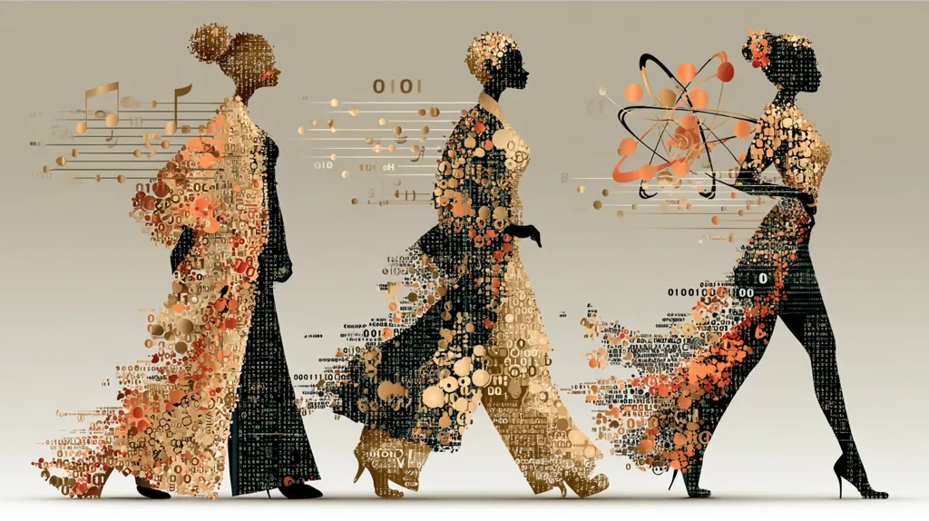 Three stylized female figures walk in profile, their dresses composed of binary code and abstract shapes in gold and orange tones.  Each woman is associated with a different symbolic element: music notes, data streams, and an atom. The overall effect is a blend of fashion, technology, and science, creating a visually striking and conceptually rich image.
