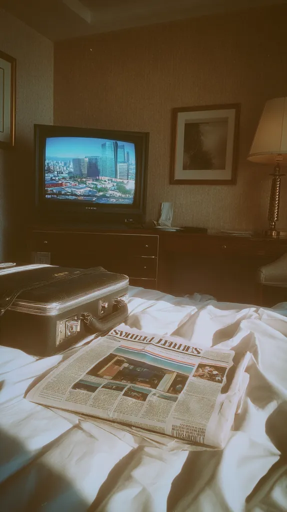 A vintage-toned photo shows a hotel room with a suitcase on a bed.  A newspaper, likely the Sydney Morning Herald, rests on the bed.  A television displays a city skyline.  The room features dark wood furniture and a desk. A lamp sits on a nearby side table, casting a warm glow. The overall atmosphere is calm and nostalgic.