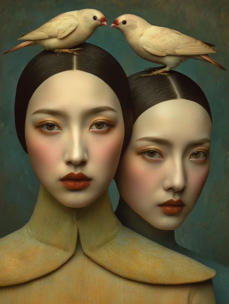 A captivating portrait features two women with identical features, their heads gently touching.  Pale, delicate birds perch atop their heads, adding to the ethereal quality of the image. The women wear muted, ochre-toned clothing, enhancing the soft, almost painterly effect. The background is a subdued, dark teal, creating a dramatic contrast and focusing attention on the subjects. The overall mood is serene and slightly mysterious.