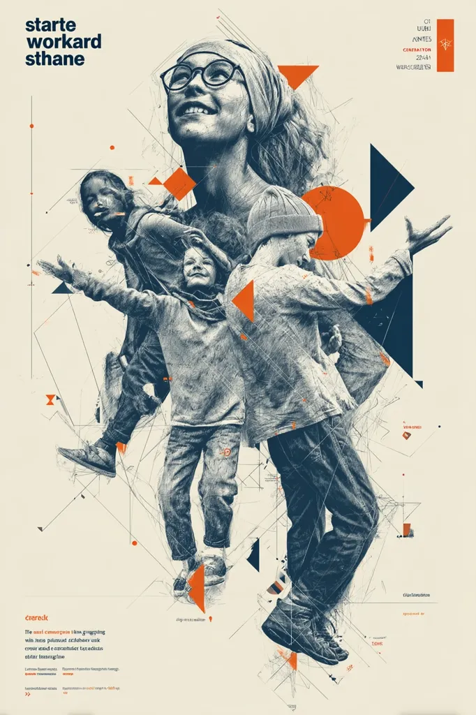 A stylized illustration features a woman's face at the top, gazing upwards. Below, children are depicted in dynamic poses, seemingly leaping and playing.  The style is a blend of photorealistic portraits and abstract geometric shapes, primarily in shades of blue and orange against a beige background.  Text is present, suggesting a title or event name, and small print details further information. The overall impression is energetic and youthful.