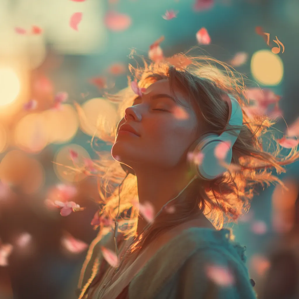 A young woman with flowing blonde hair, wearing white headphones, stands serenely amidst falling pink petals.  Her eyes are closed, suggesting peaceful enjoyment of music.  The warm, golden light of sunset bathes the scene, creating a dreamy, ethereal atmosphere.  The image evokes feelings of tranquility and connection with nature.