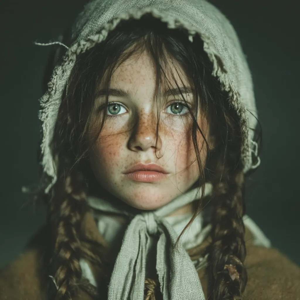 A young girl with freckles and braided hair is captured in a close-up portrait. She wears a simple, light-colored hooded garment, giving a rustic or historical feel. Her expression is serious and her gaze is direct, creating an intense and melancholic mood.  The dark background emphasizes the girl's face and attire, enhancing the overall dramatic effect.