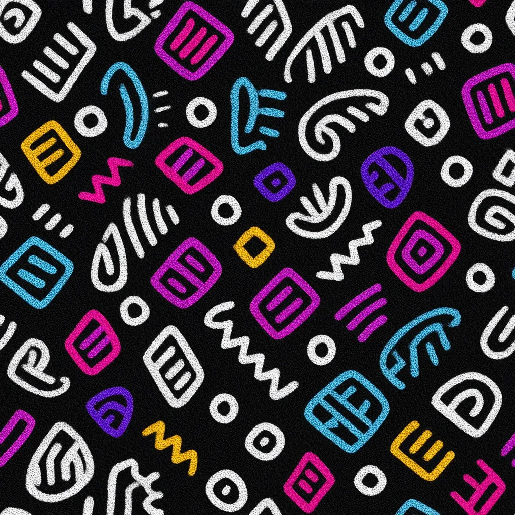A vibrant, abstract pattern features a chaotic arrangement of colorful geometric shapes and doodle-like lines against a black background.  Squares, circles, and irregular forms are rendered in bold pink, purple, yellow, and blue, overlaid with white lines creating a textured effect. The overall style is reminiscent of 80s graphics or tribal art, creating a bold and energetic design.