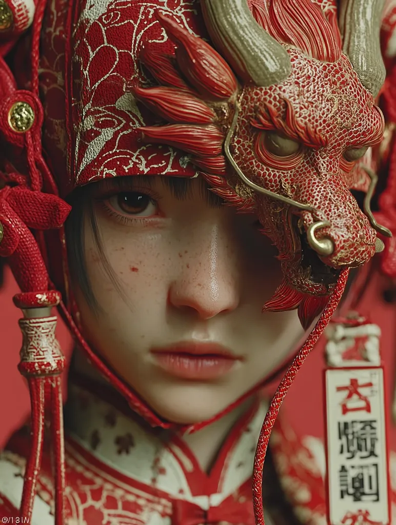 Close-up of a young woman's face partially obscured by an elaborate red dragon headpiece.  The headpiece is intricately detailed, with gold accents and traditional Asian patterns. The woman's expression is serene, her skin subtly freckled. The overall aesthetic is one of rich detail and traditional Asian influence, possibly inspired by mythology or folklore.  The red color palette is dominant, creating a striking visual impact.