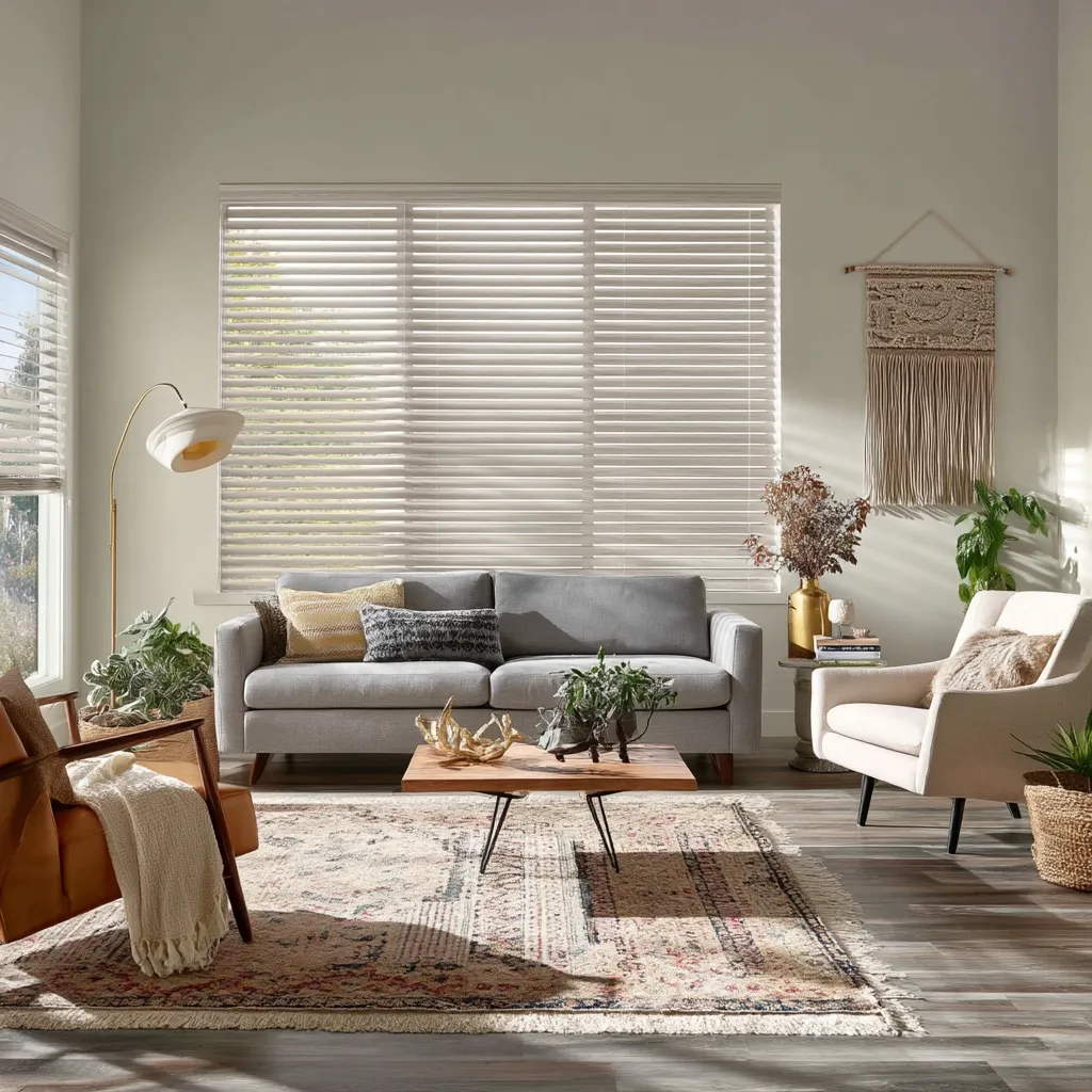 A bright living room features a gray sofa and cream armchair arranged around a coffee table on a patterned rug.  Large white blinds filter sunlight through a wide window.  A floor lamp, potted plants, and a wall hanging add to the room's relaxed, bohemian ambiance.  The hardwood floor complements the neutral color palette.